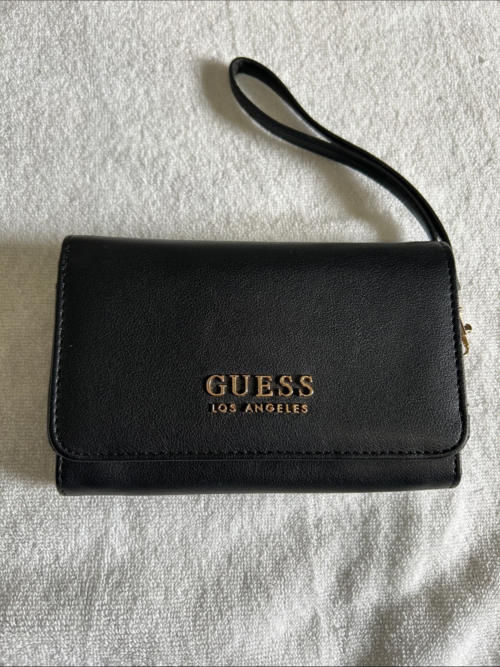 GUESS Black Wristlet Clutch with Gold Logo